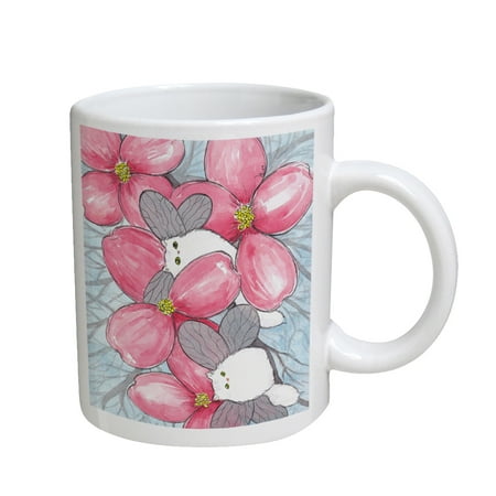 

KuzmarK Coffee Cup Mug 11 Ounce - Silver Chincilla Persian Kitty Fairies with Pink Dogwood Fantasy Cat Art by Denise Every