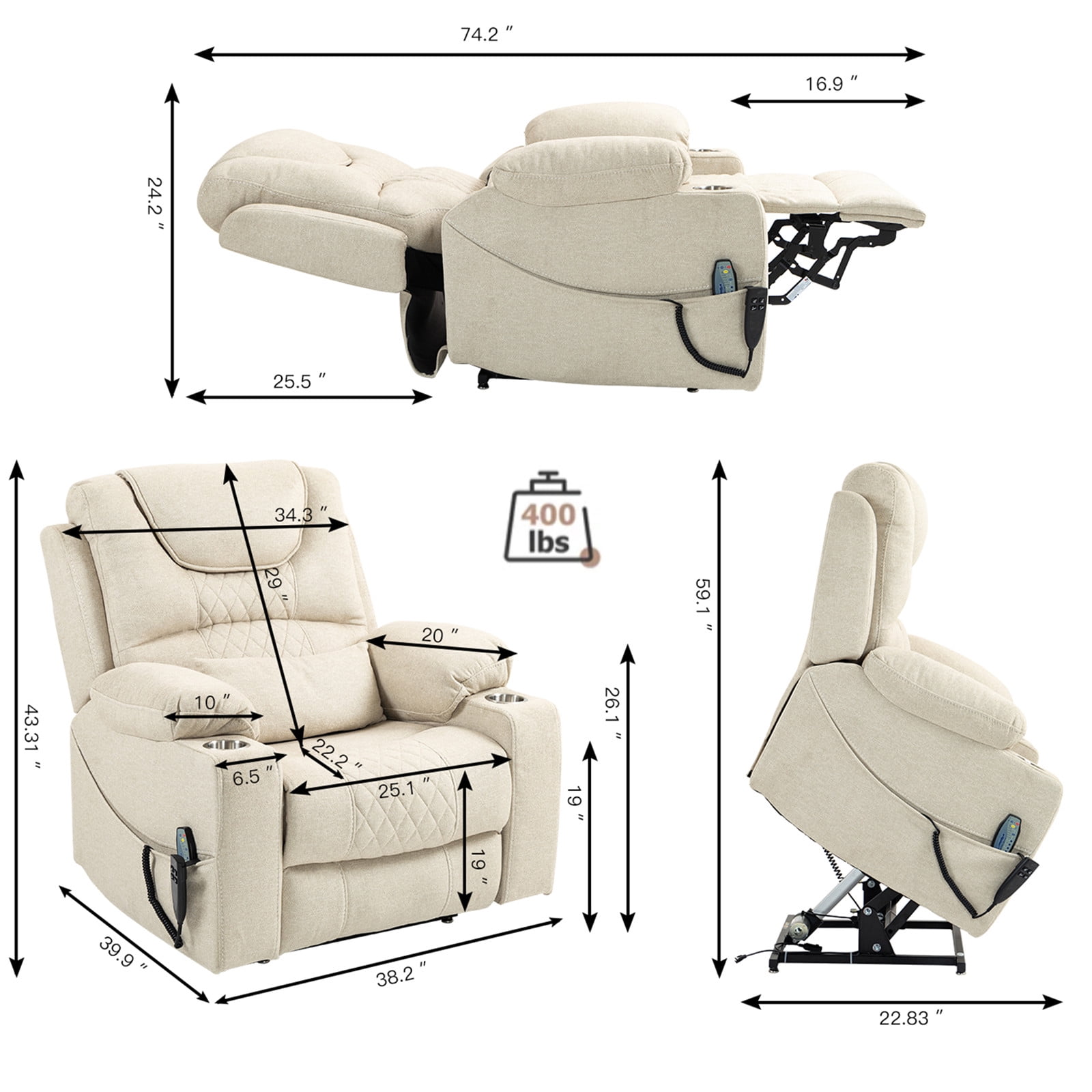 LITVZ 180 Degrees Lay Flat Lift Recliner Chair with Heat and Massage, Dual Motor Infinite Position Electric Power Lift Recliners for Elderly, Big Man Up to 400 LBS, Seniors
