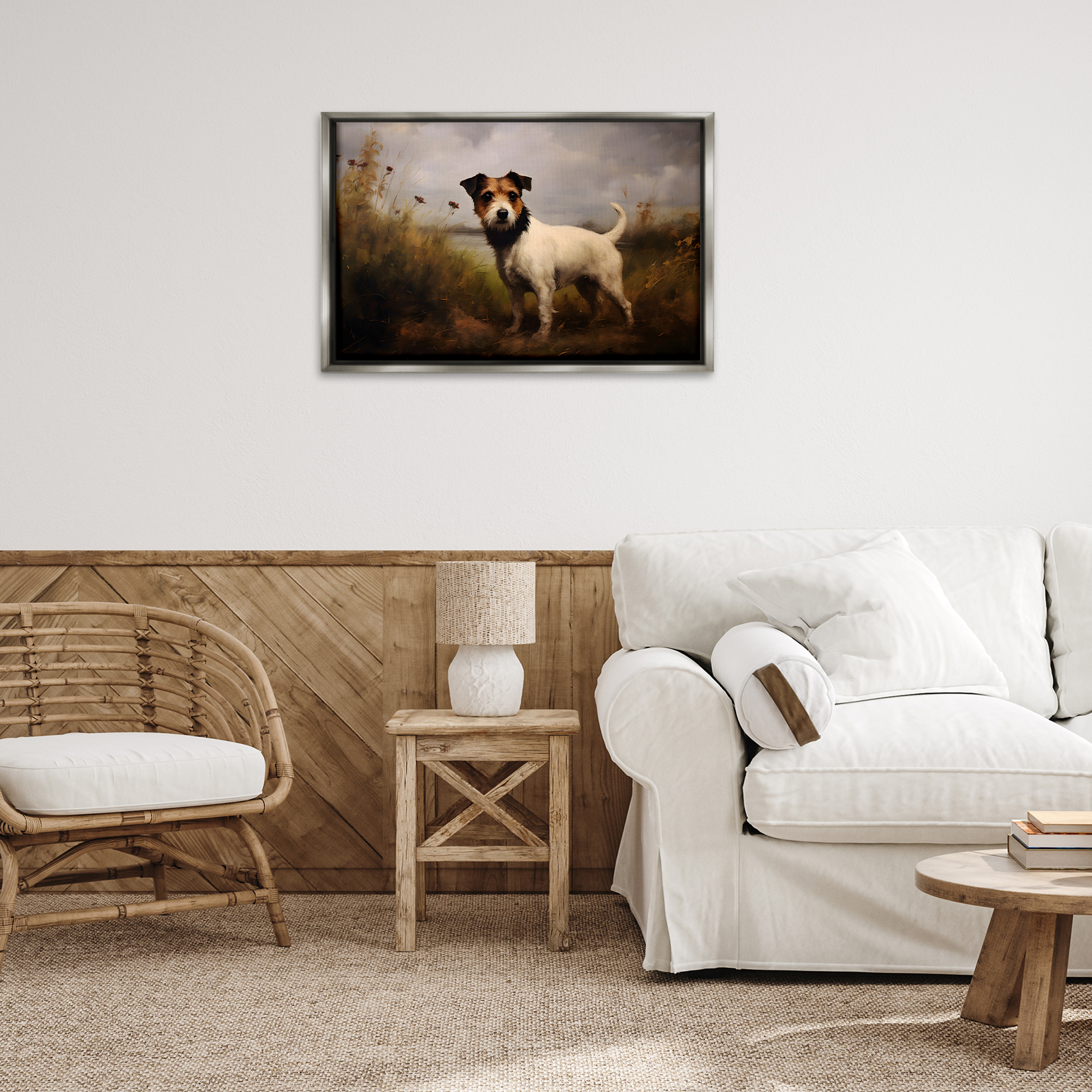 Stupell Industries Jack Russell Terrier Landscape Landscape Painting Gray Floater Framed Canvas Art Print Wall Art, 31 x 21