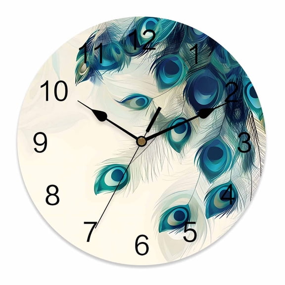 Wall Clock 14 Inch Teal Turquoise Peacock Print Round Silent Decorative Wall Clocks Battery Operated for Living Room Bedroom Kitchen Classroom Decor, Cream Color,Large