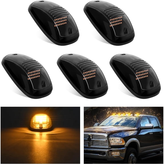 LED Cab Marker Lights 5 PCS 24 LED Smoke Lens Amber Clearance Roof Running Light Compatible with 2003-2018 Dodge Ram 1500 2500 3500 Pickup Trucks