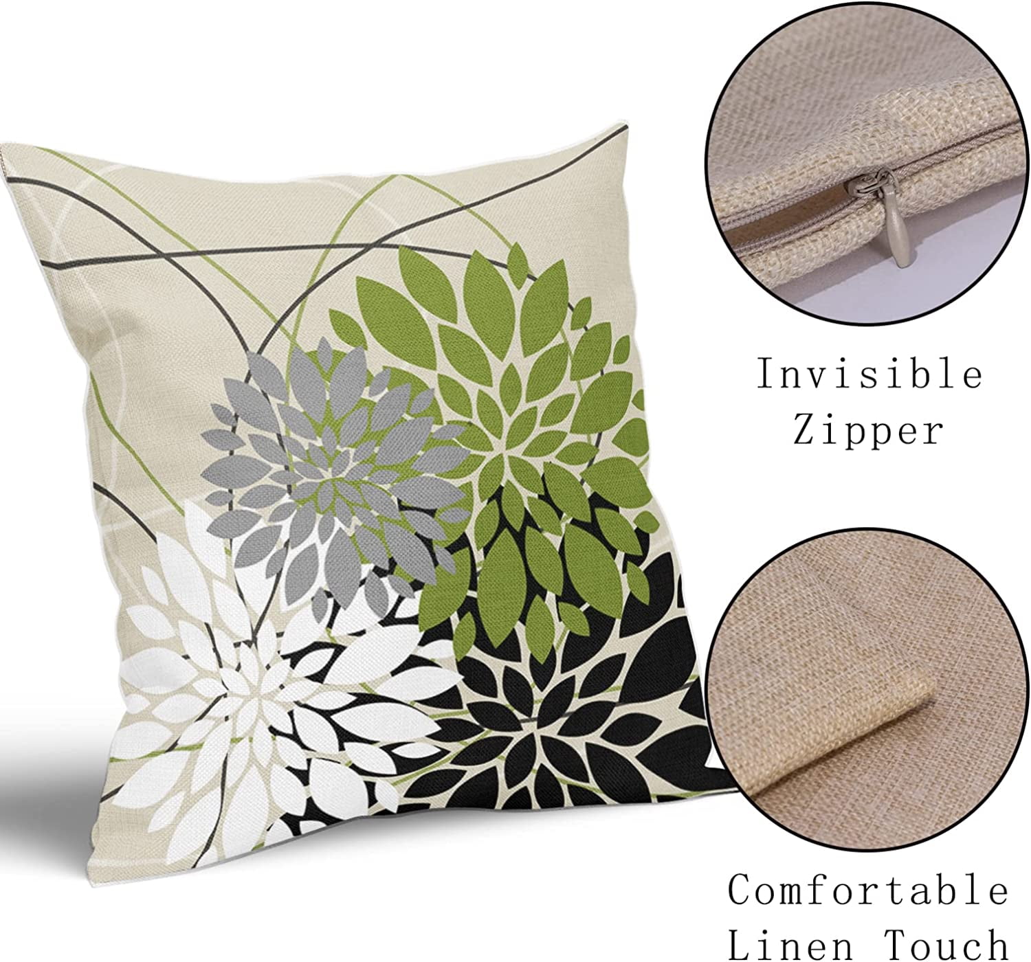Black Green Pillow Covers 20x20 Inch Dahlia Flower Decorative Throw Pillows Modern Geometry Floral Outdoor Farmhouse Pillowcase Linen Square Cushion Case Decor for Home Sofa Couch Bed, Set of 2