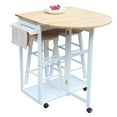 thumbnail image 6 of Foldable Dining Table Set, Kitchen Island Drop-Leaf Breakfast Cart with 2 Stools and 2 Drawers, Solid Wood Rolling Kitchen Cart with Hand Pushing Handle for Dining Room Home, White+Natural, 6 of 7