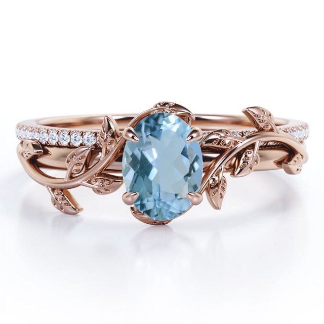 JeenMata Anillo de Bodas con Diseño de Hoja de Moissanita y Aguamarina Brasileña Ovalada de 1,5 Quilates con Engaste en Garras, Engastado en Oro Rosa de 18 K sobre Plata