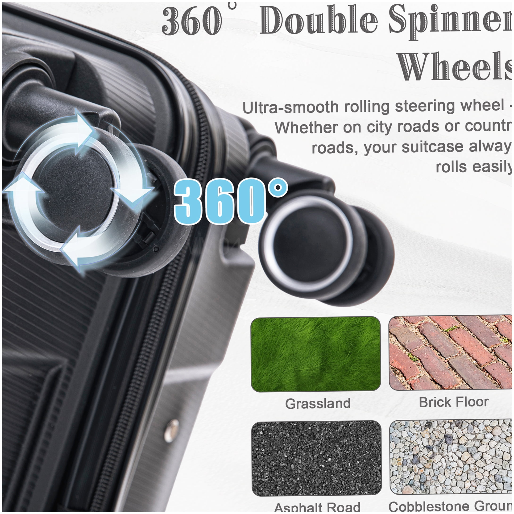 MANGIJOY Polypropylene Spinner Luggage 4-Piece Set, Black Carry-On and Checked Suitcases with Combination Lock and Silent Wheels