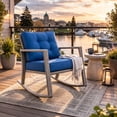 thumbnail image 1 of CorLiving Parksville Resin Wicker and Steel Outdoor Rocking Chair with Cushions and Arm Rests, Grey/Blue, 1 of 9