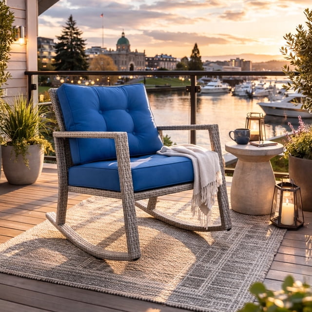 CorLiving Parksville Resin Wicker and Steel Outdoor Rocking Chair with Cushions and Arm Rests, Grey/Blue
