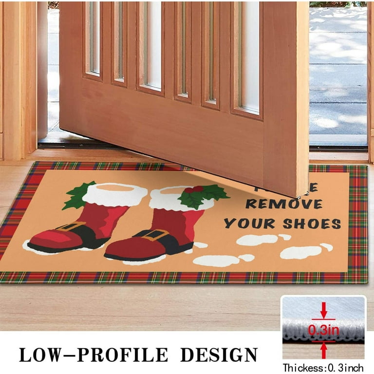 Please Remove Your Shoes Door Mat Plaid Rugs Merry Christmas Doormat Winter Door Mat Outdoor & Indoor Rug for Christmas Decorations 30 x 17