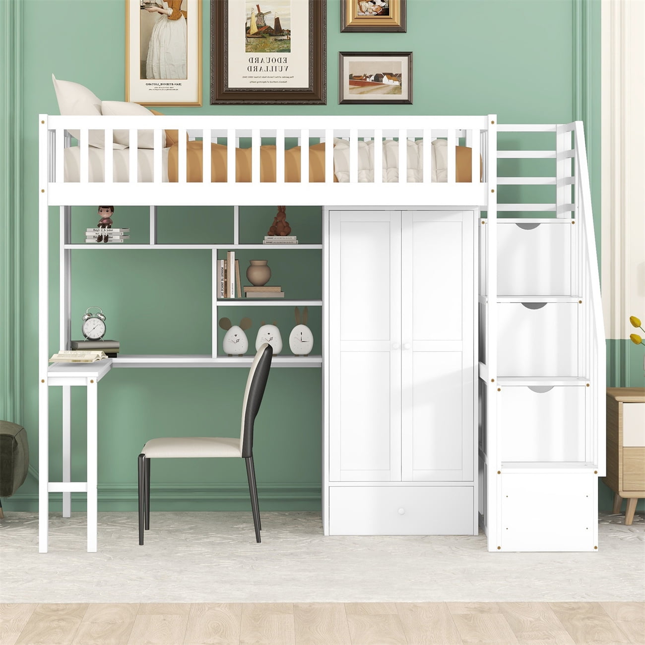 Twin Size Loft Bed, Wooden Loft Bed Frame with Bookshelf and Drawers