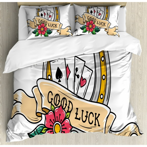 Old School Duvet Cover Set King Size, Nostalgic Tattoo Image of Luck on Ribbon Horseshoe Playing Cards and Flower, Decorative 3 Piece Bedding Set with 2 Pillow Shams, Multicolor, by Ambesonne