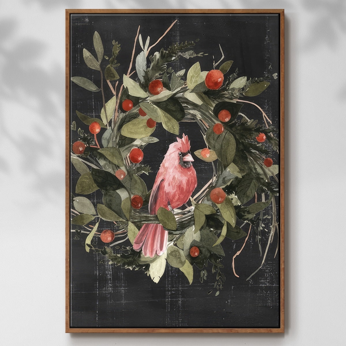 Christmas Cardinal II - Framed Gallery Wrapped Holiday Canvas - 27 x 41 - Rosewood Frame