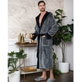 thumbnail image 3 of Lotus Linen Plush Hooded Robe for Men - Soft Fleece Bathrobe, Grey Black M/L, 3 of 9
