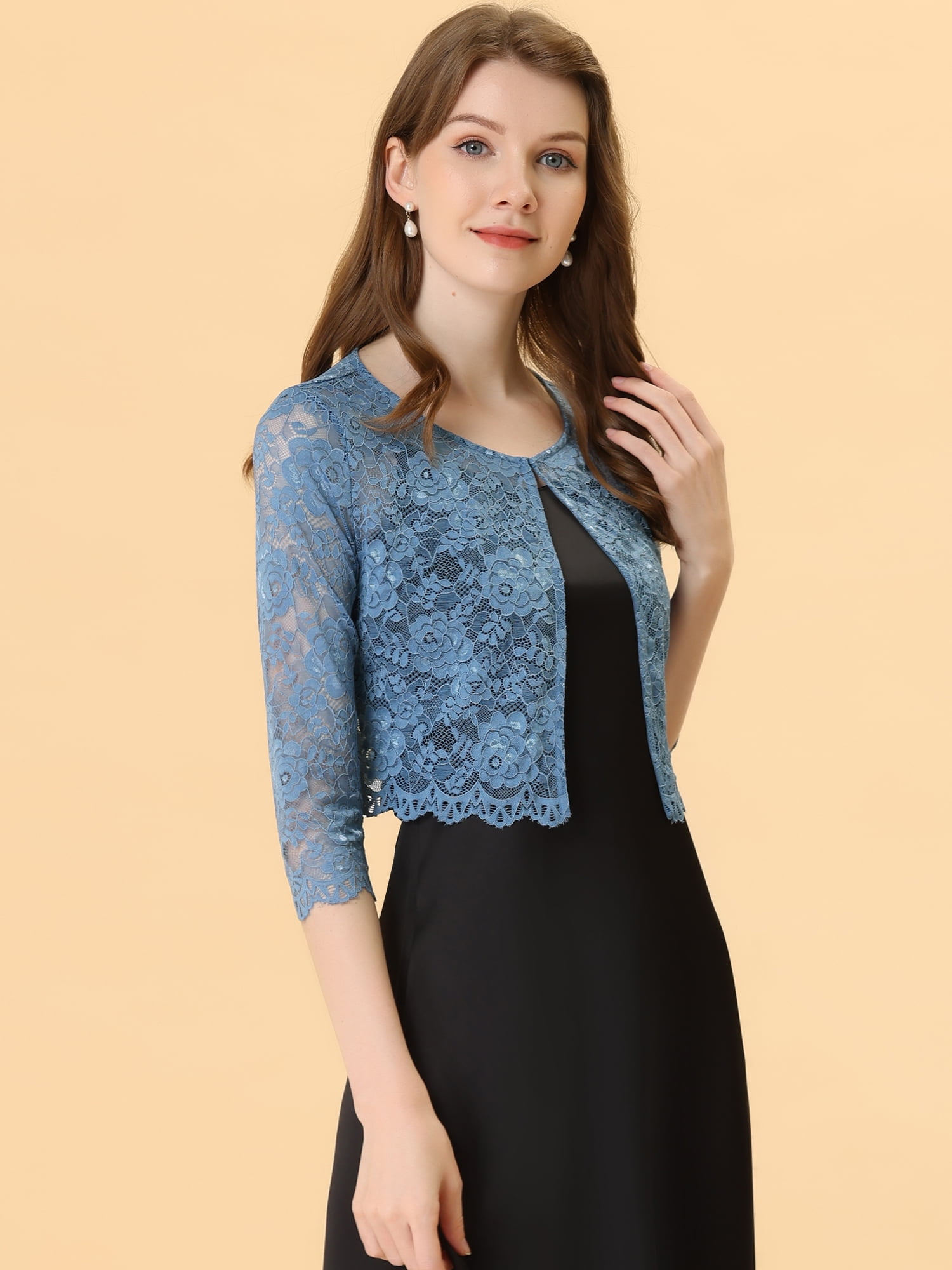 DARING DIVA Leisure Allover Floral Lace Crop Shrug Cardigan S Grey Blue