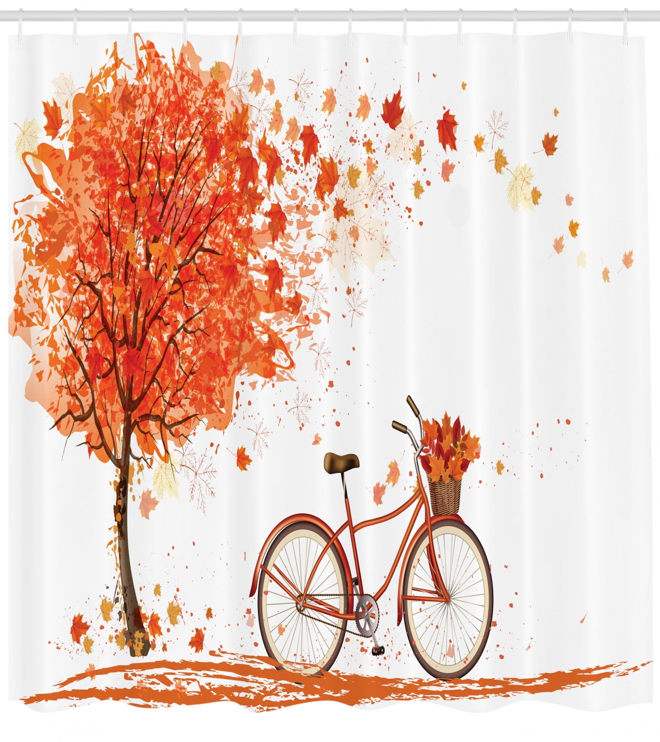 Autumn Shower Curtain, Watercolor Fall Season Landscape with Leaves