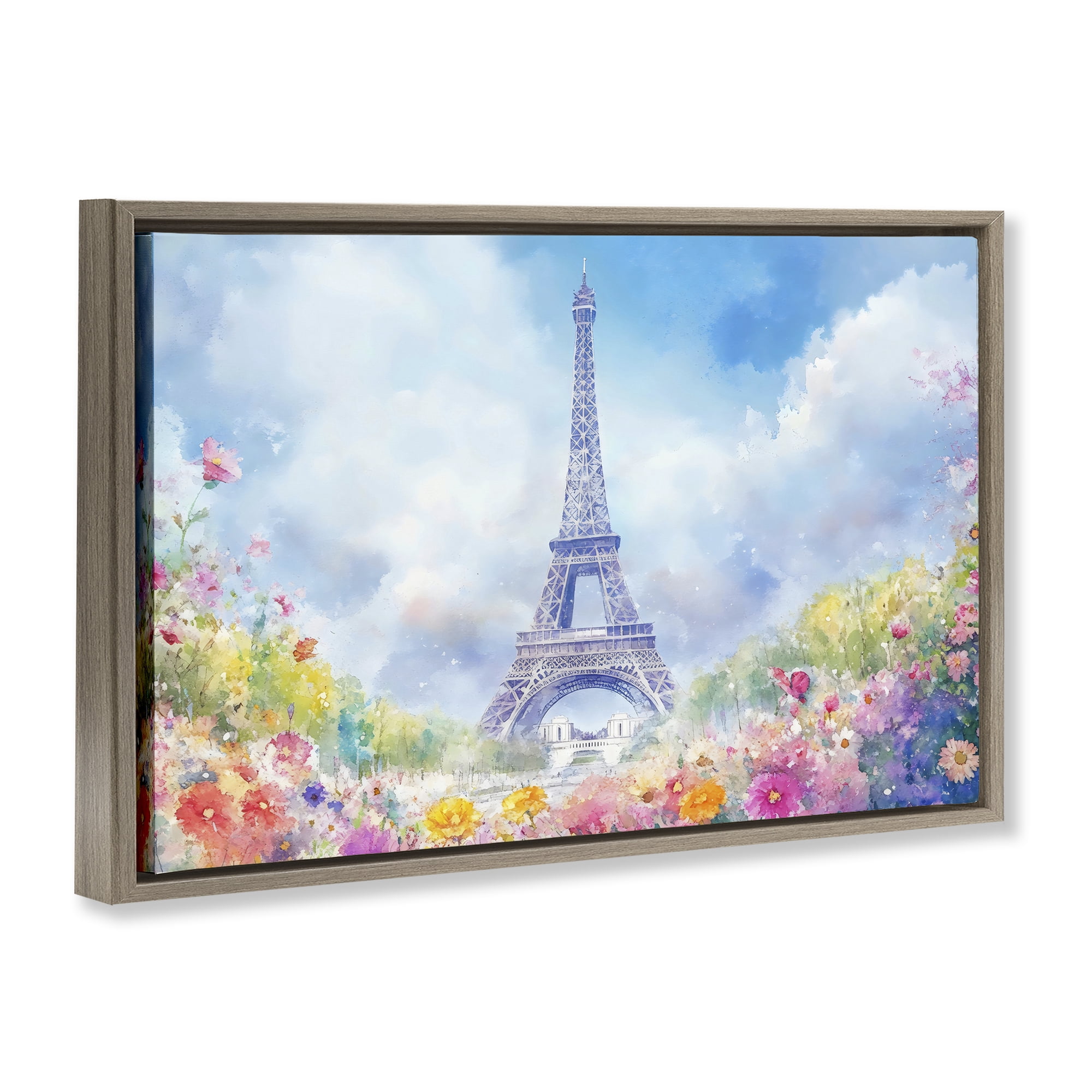 Stupell Industries Rainbow Spring at Eiffel Tower Brown Framed Floater Canvas Wall Art, design by Creative Studio