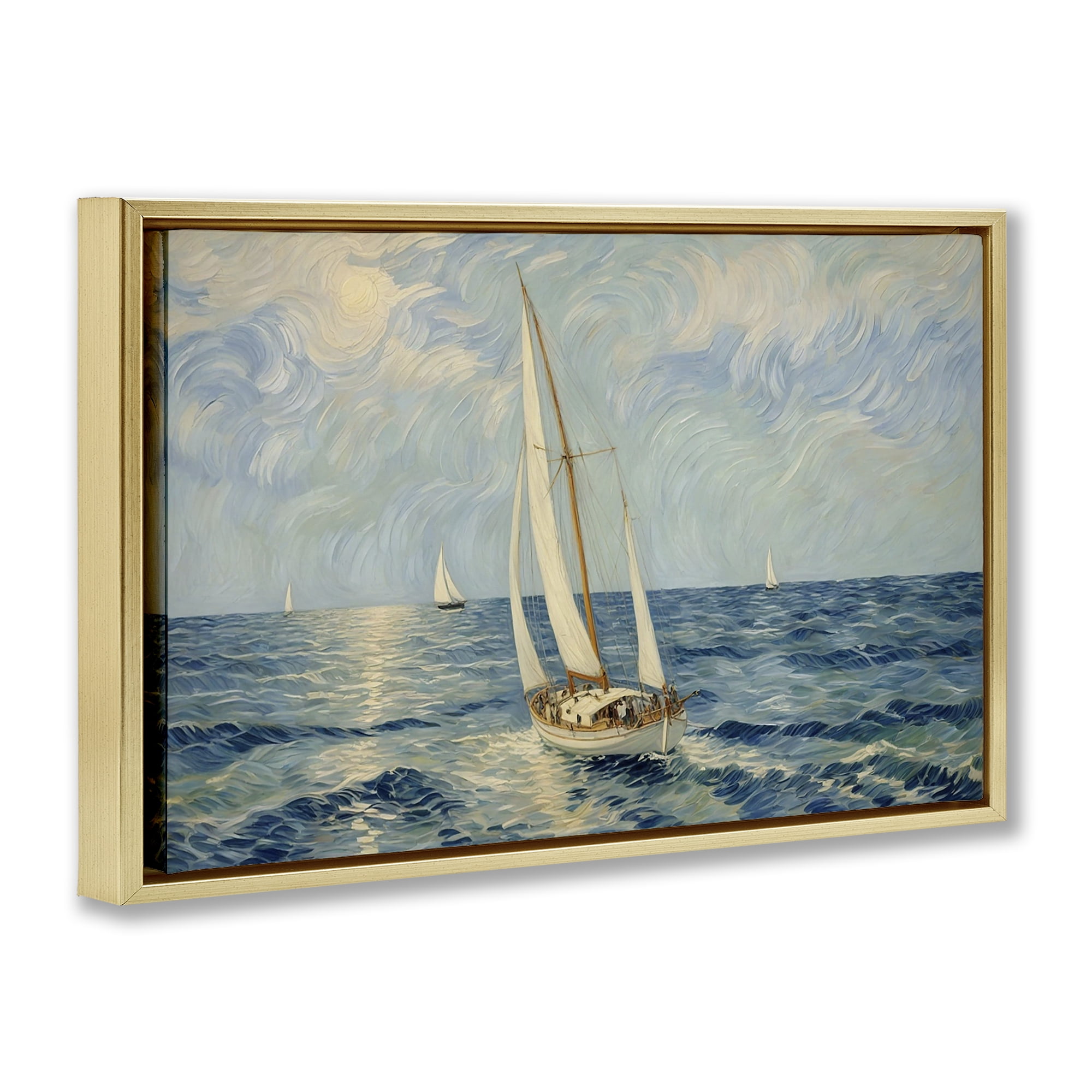 Stupell Industries Sailing Yacht on Blue Sea Gold Framed Floater Canvas Wall Art, design by Angie Hawke