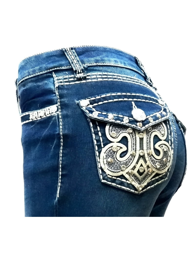 Jack David Rhinestone Studs Dark Wash Denim Flap Pocket Bootcut