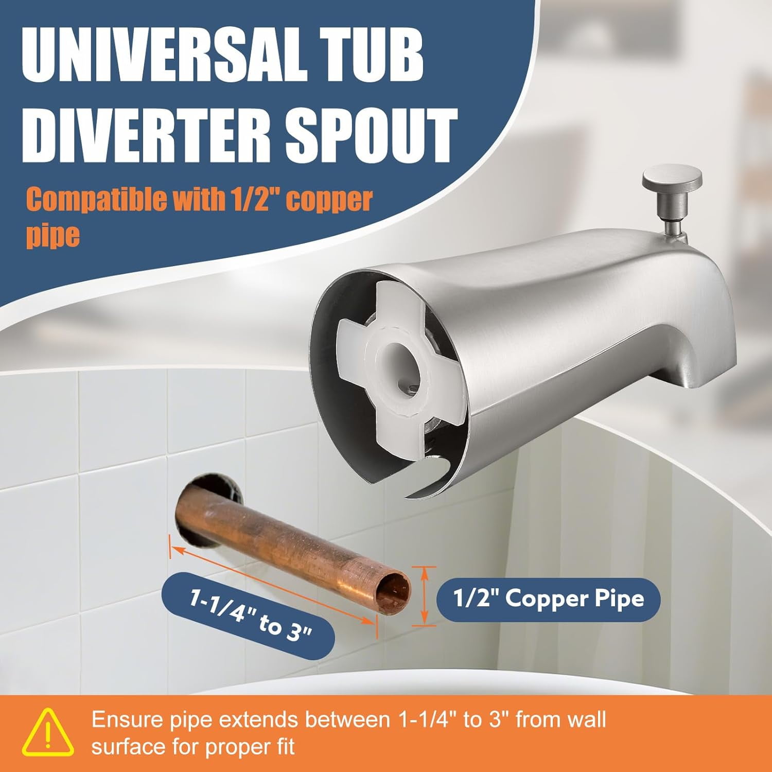 Universal Bathtub Tub Spout with Diverter, Fits 1/2" Slip-Fit Copper Pipe Connection, Pull Down Bathtub Faucet Spout Replacement, Easy Installation (Brushed Nickel)