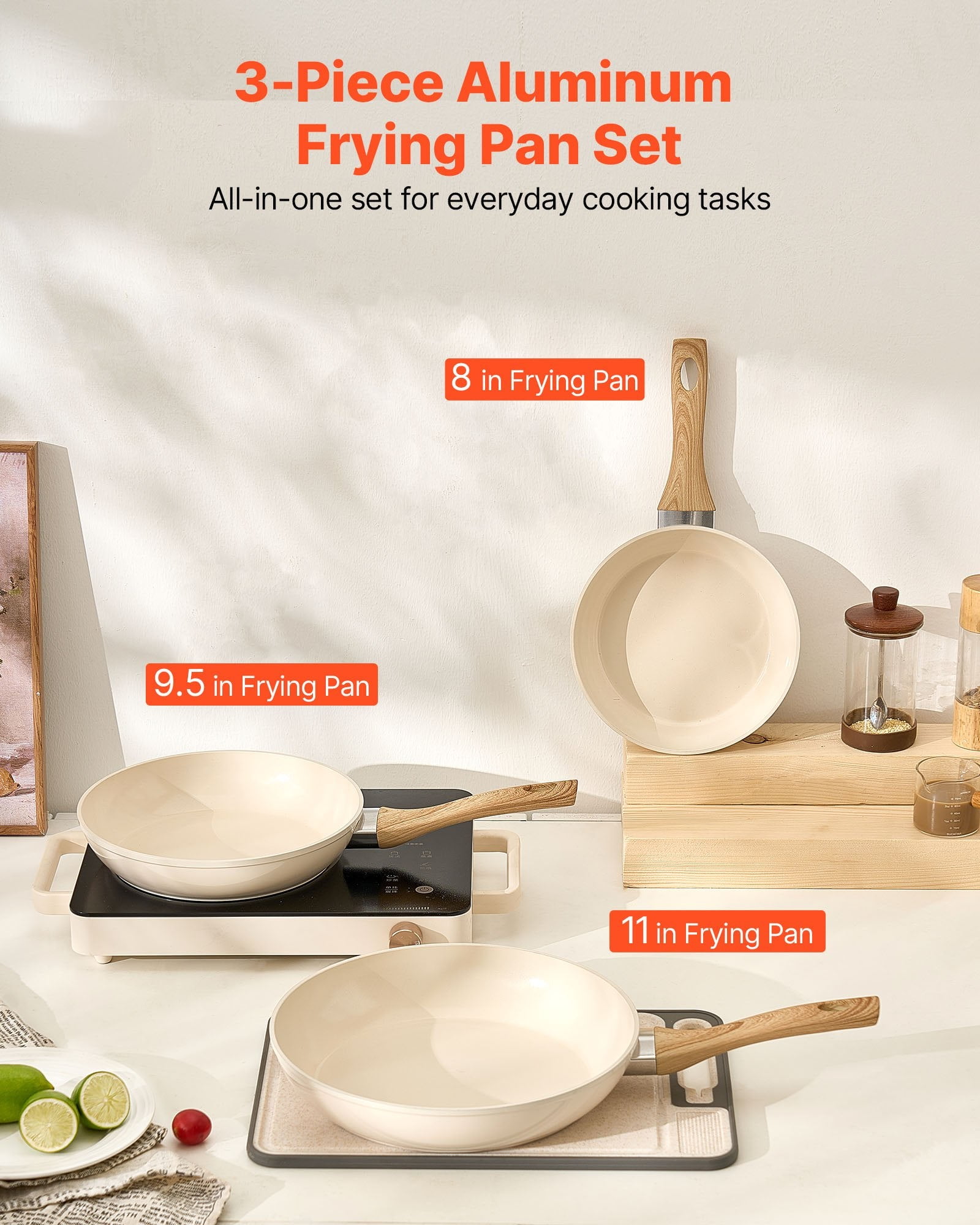 Frying Pan Skillet, Aluminum Egg Fry Pans, 3 Piece (8, 9.5, 11 In), Nonsitck Ceramic Heavy-Duty Skillets With Heat-Resistant Handle, Chef's Kitchen Cookware For Gas, Electric, Induction, Beige