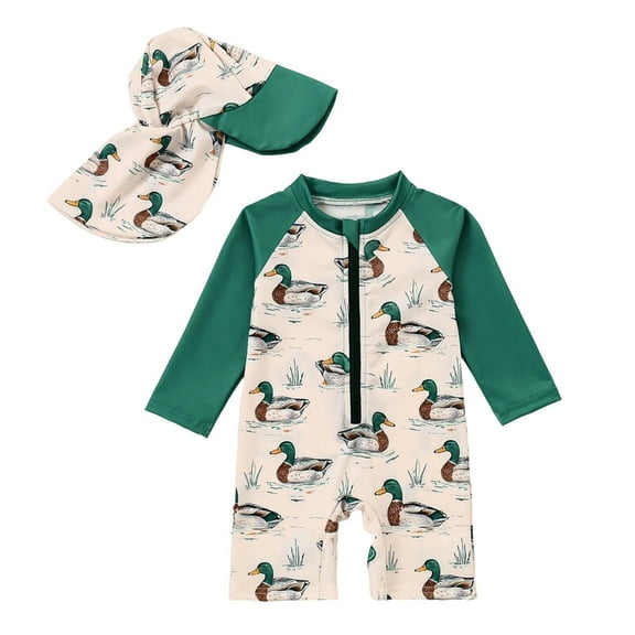 Hienoo Newborn Boys Zip-Up Rash Guard Long Sleeve One-Piece Swimsuit & Hat Swimwear, Sizes 6-12M