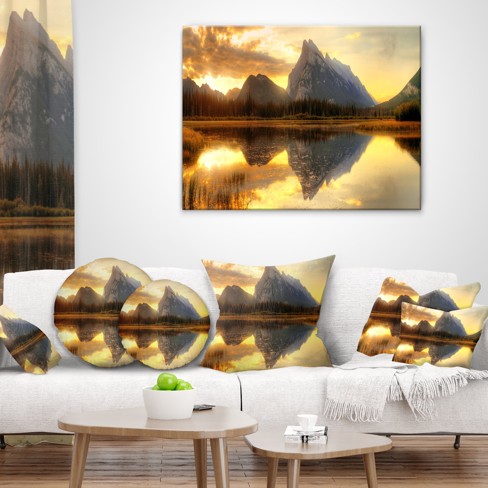 Designart Vermillion Lake Sunrise in Banff Park - Landscape Printed Throw Pillow - 18x18