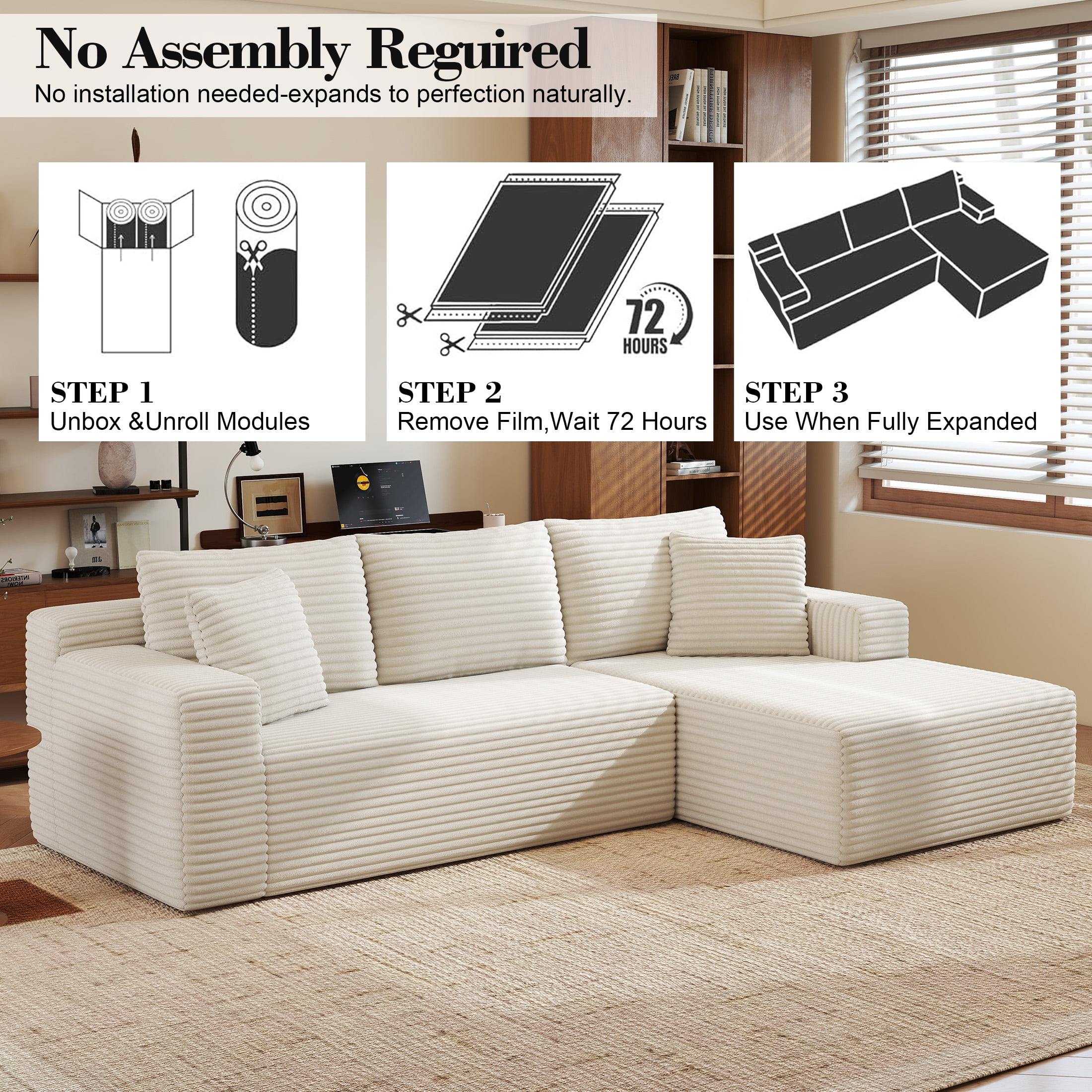 AENKYO Modular Sectional Couch with L-Shape Chaise — Modern Living Room Sofa, White, Right-Facing, No Assembly