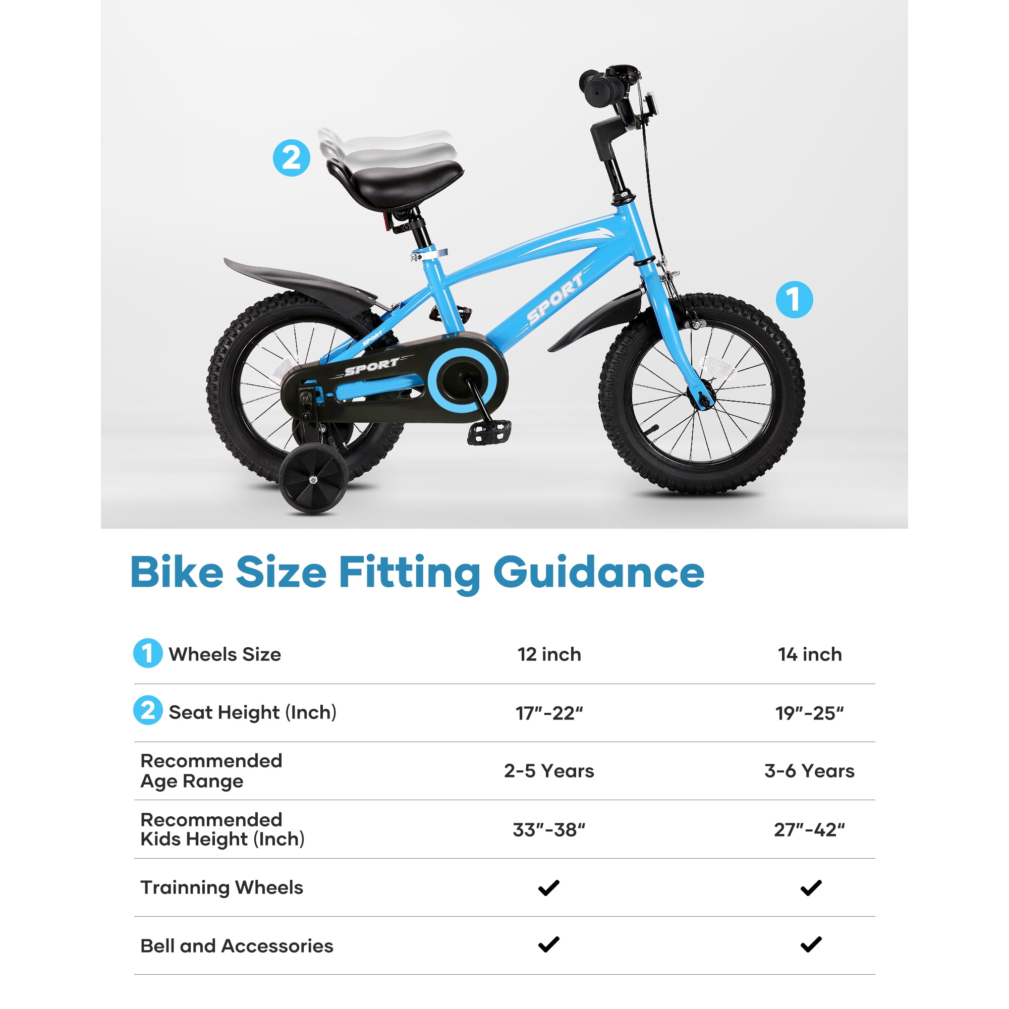 Naipo 14 inch Kids Bike with Training Wheels Adjustable Seat