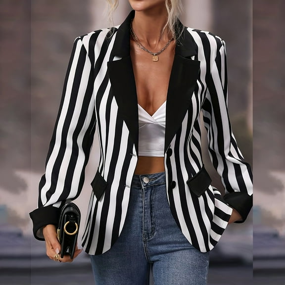 ZHENHONG Suit Jacket for Women, OBEEII Womens Striped Long Sleeve Single Breasted Button Vertical Striped Work JacketJackets for Women