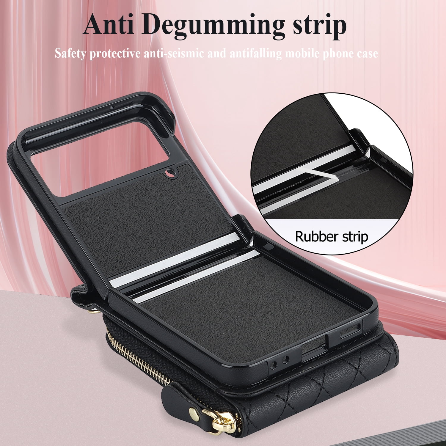 for Samsung Galaxy Z Flip 3 Crossbody Wallet Case with Card Holder 8-Card Slots Wallet Case with Adjustable Strap Soft PU Leather Protective Zipper Phone Case for Women Girls,Black