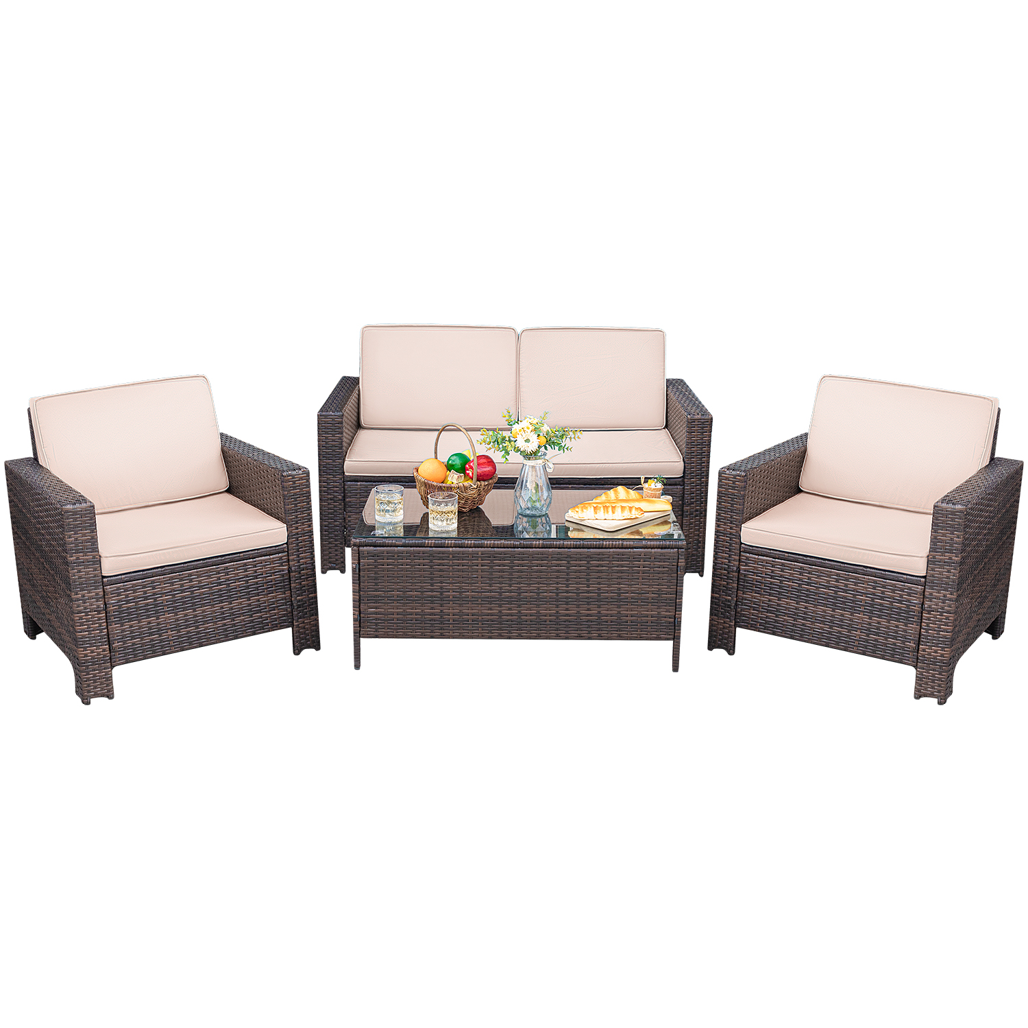 Lacoo 4 Pieces Patio Furniture Sets Rattan Chair Wicker Conversation Sofa Set Outdoor Backyard Porch Garden Poolside Balcony Use Furniture, Beige - image 2 of 7
