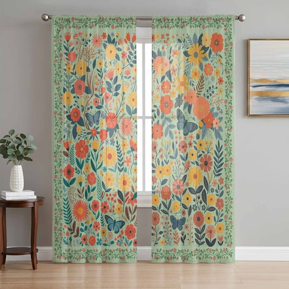 Boho Green Flowers Sheer Curtains 72 Inch Length 2 Panels Set Window Treatments, Spring Abstract Watercolor Floral Leaf Rod Pocket Semi Curtains for Living Room/Bedroom/Kitchen Décor, 104"W x 72"L