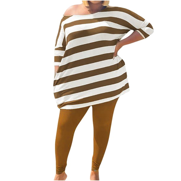 Moda para mujer 3/4 Tops de rayas de manga corta con bolsillo Elástico Color sólido Pantalones de cadera Conjunto de dos piezas Pompotops qwe22584