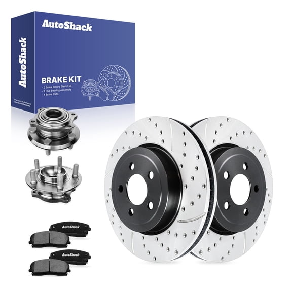 AutoShack Front Vented Drilled & Slotted E-Coated Brake Rotors   Ceramic Pads   Hub Bearing Assembly 8-PC Brake Kit Replacement for 2018 Dodge Charger ShadowGuard 13.58" (345 mm)
