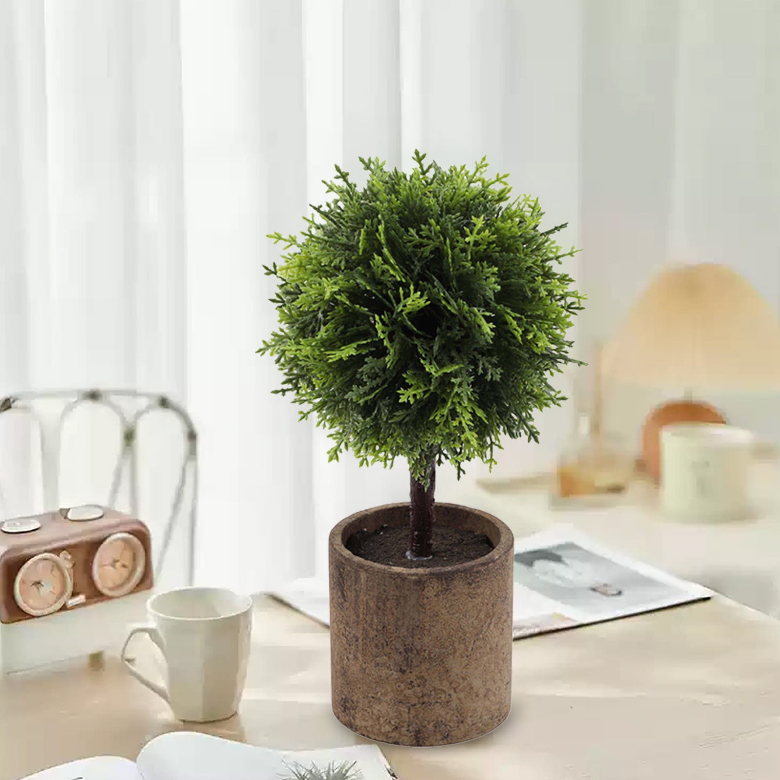 RuiJiao Artificial Green Grass Ball Potted, Fake Shrubs Ball Plant Decoration, Faux Small Boxwood Topiary, Home Office Desk Table Room