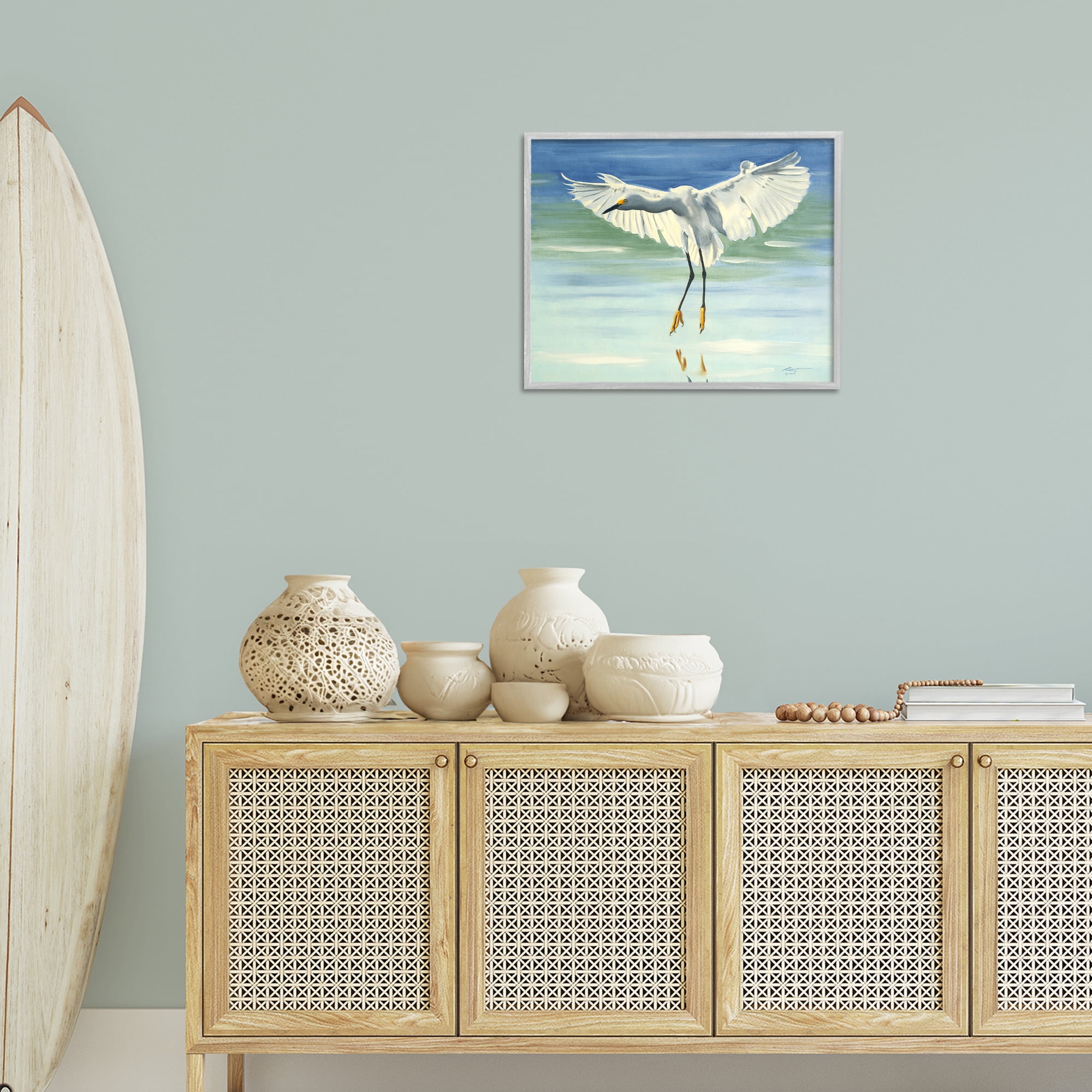 Stupell Industries Snowy Egret on Beach Animals & Insects Painting Gray Framed Art Print Wall Art, 20 x 16