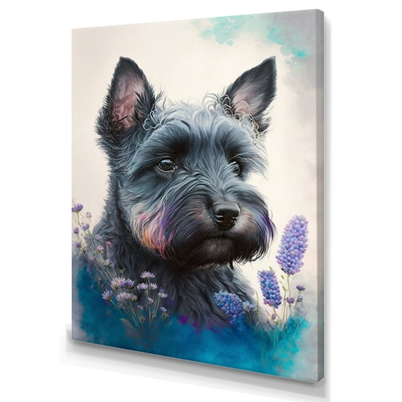 Designart Cute Schnauzer Floral Art Canvas Wall Art
