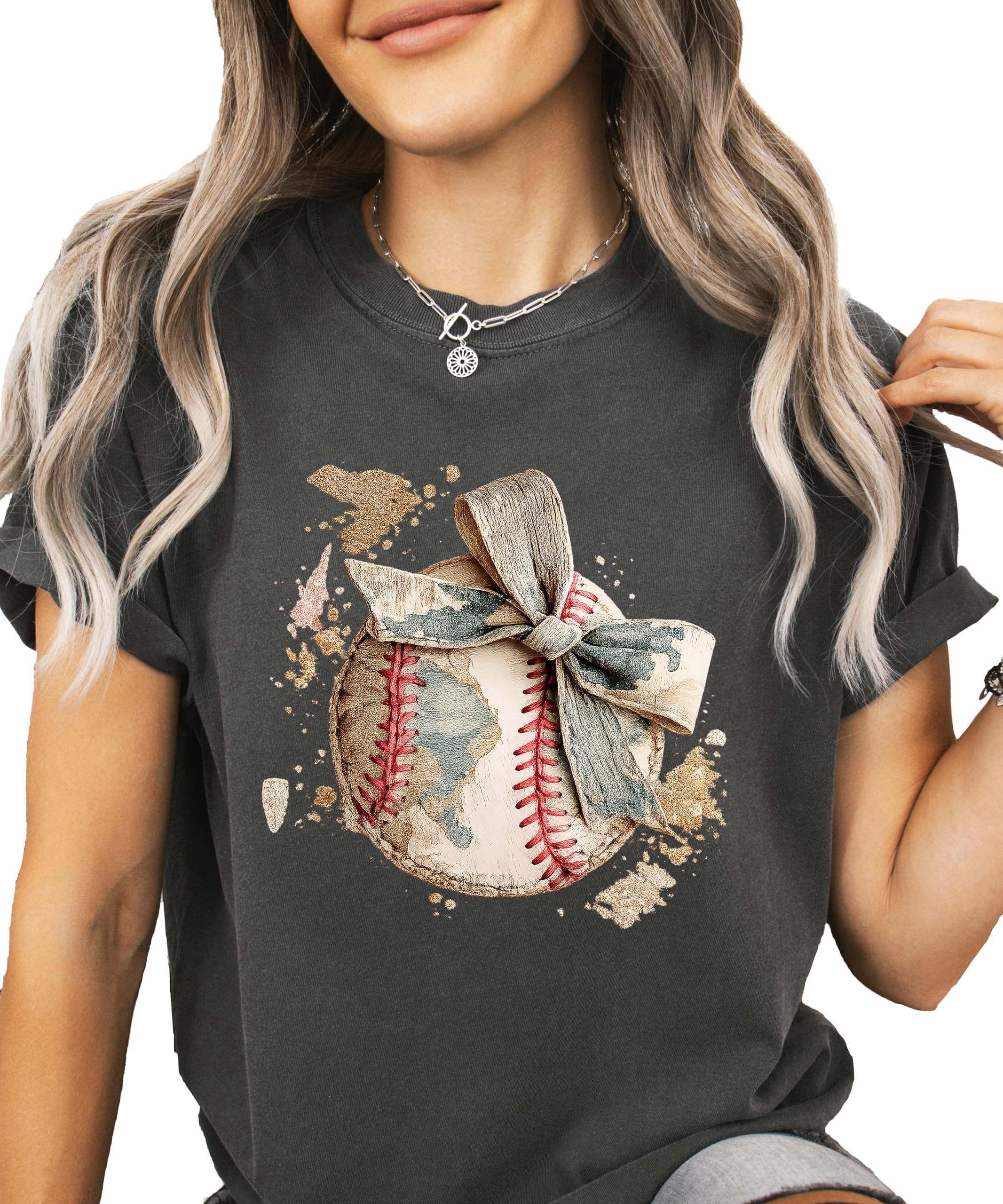 Cute Baseball Bow Shirt for Women - Coquette Game Day Tee - Trendy Sports Mom T-Shirt Pepper Shirt Adult Medium