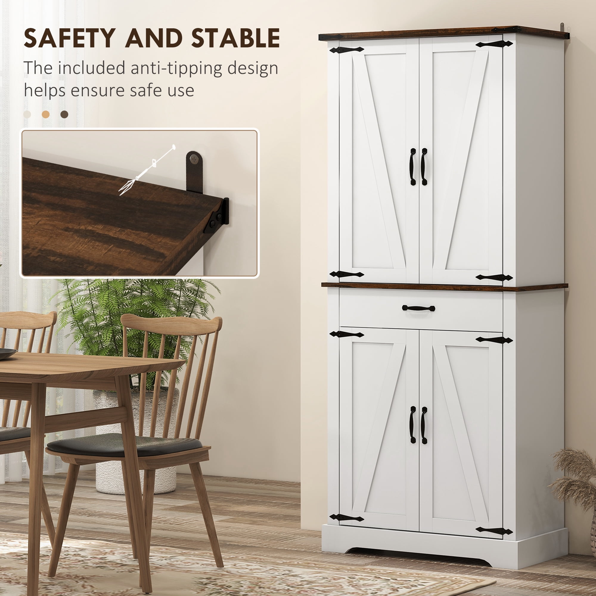 HOMCOM Tall Kitchen Pantry Cabinet, Farmhouse Storage Cabinet with Barn Doors, 6 Door Shelves, Drawer, Adjustable Shelves, Freestanding Cupboard