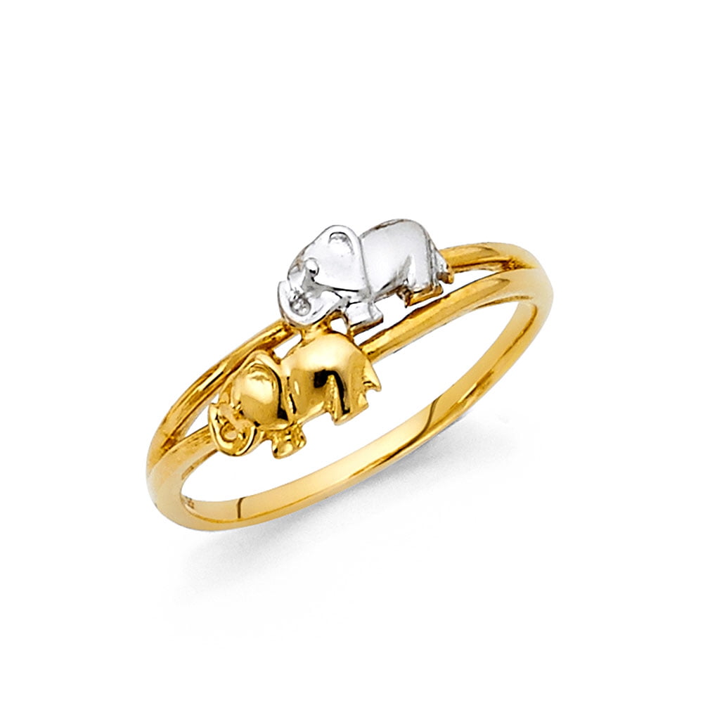 GemApex Solid 14k Yellow & White Gold Two Elephants Ring Lucky Charm