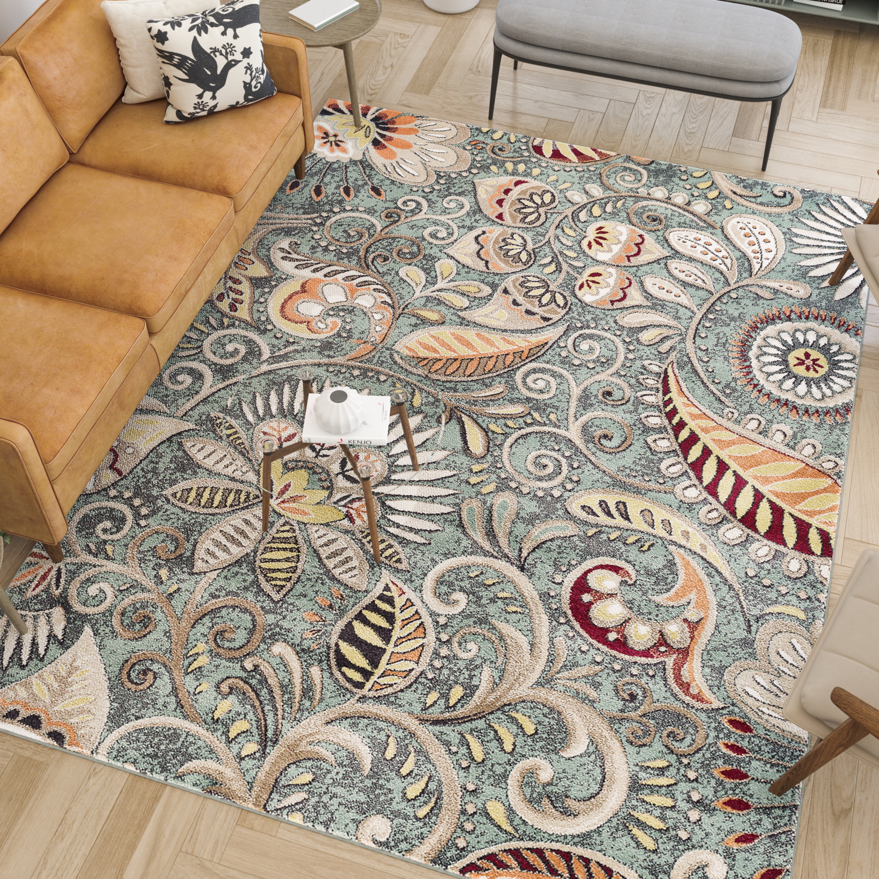 Capri Transitional 4' x 5' Seafoam and Beige Polypropylene Indoor Area Rug