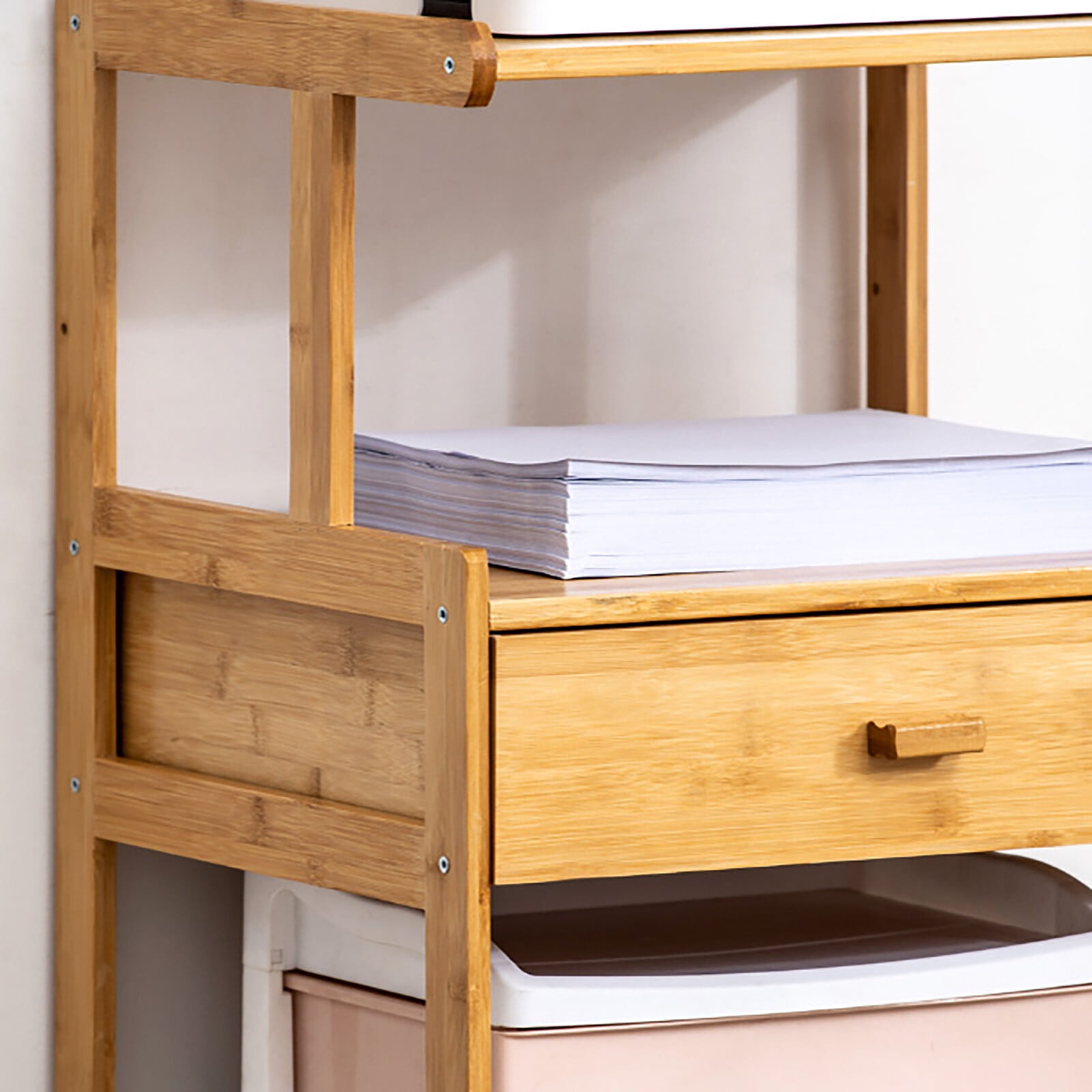 Mobile Printer Stand, Log Color, 2 Tiers Bamboo Printer Shelf with Wheels for Office