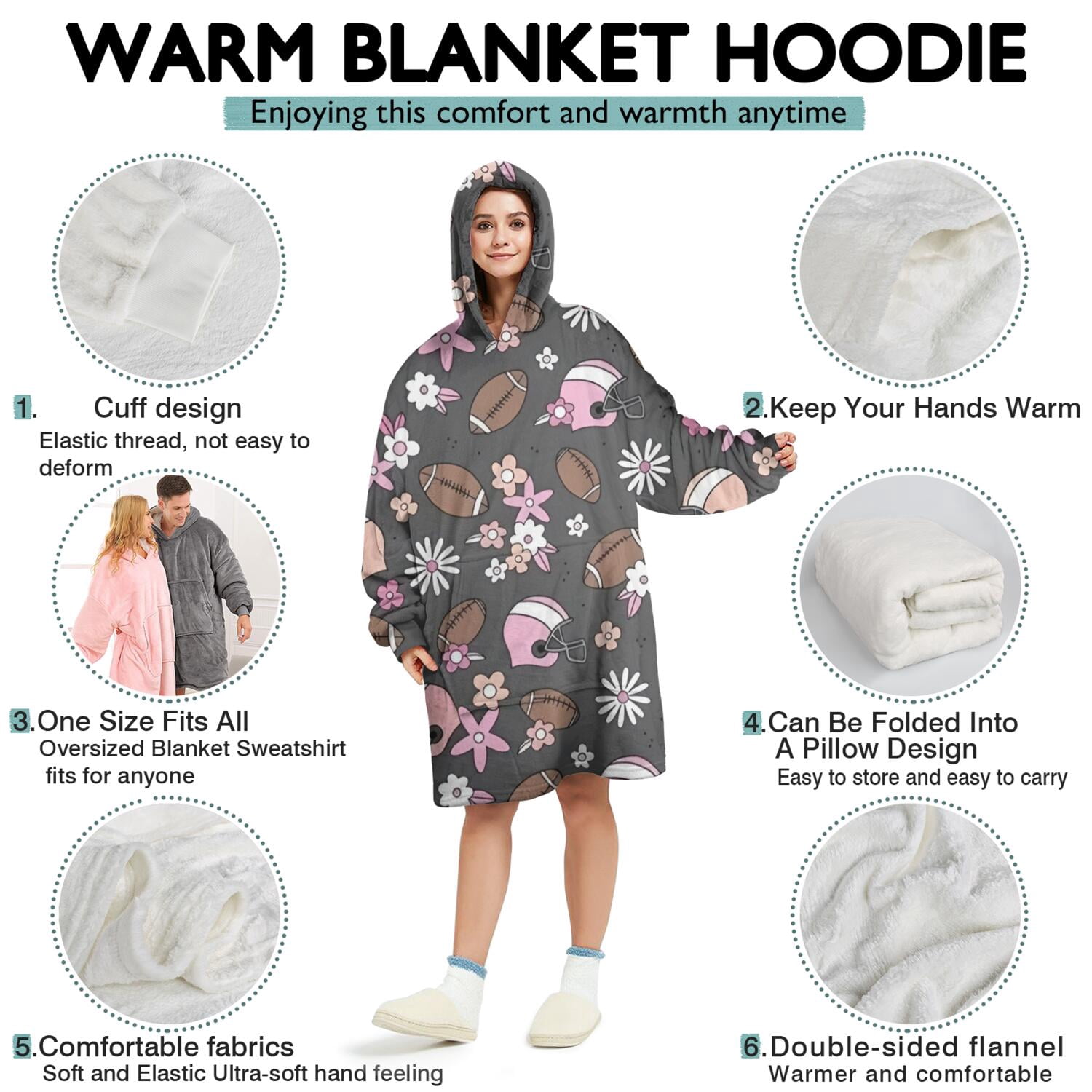 Gray Football and Flowers Pattern Wearable Oversized Blanket,Wearable Blanket Hoodie for Adults,Cozy Hooded Blankets with Super Pockets,Super Warm Fuzzy Pullover for Women & Men