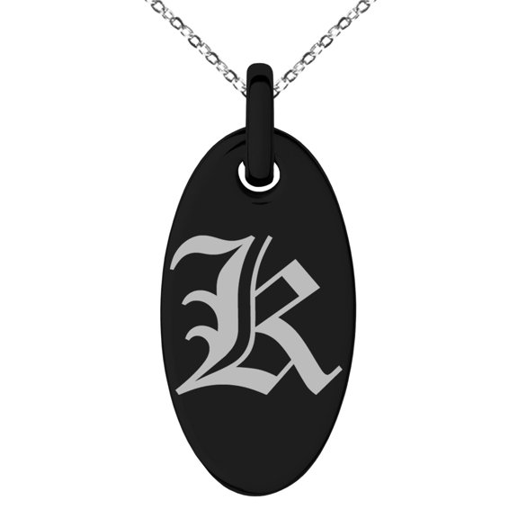 Stainless Steel Letter K Initial Old English Monogram Engraved Small Oval Charm Pendant Necklace