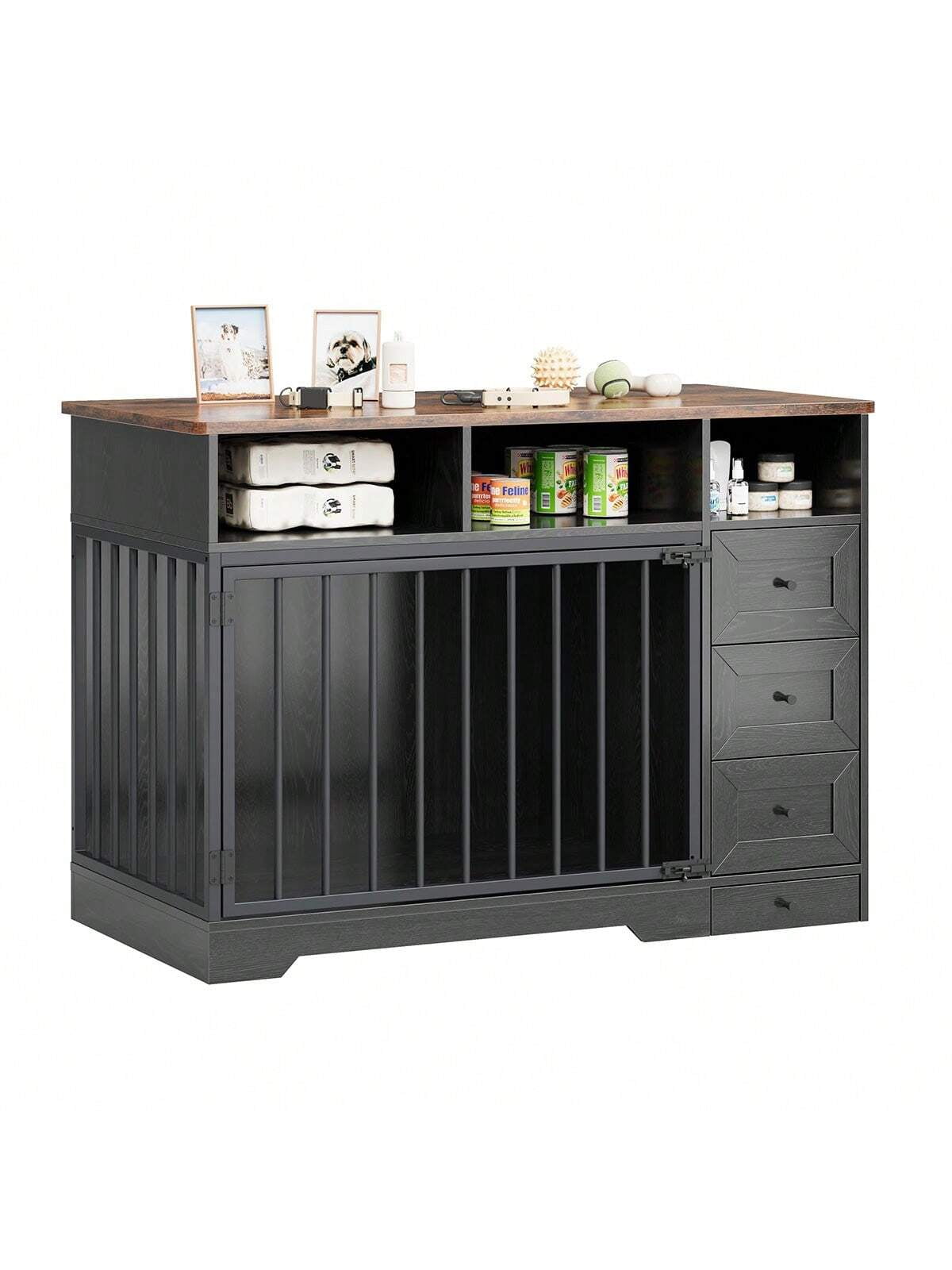 Studyset 48 Inch Dog Crate Furniture,Wooden Dog Kennel Indoor with Dog Bowl & Storage Drawers,Modern Pet Cage Side End Table,Heavy Duty Pet Crate Table for Medium Small Dogs for Living Room,Entryway