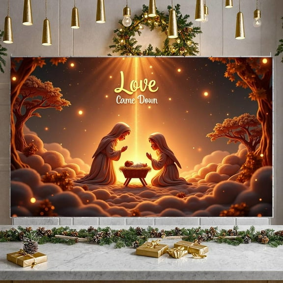 Starry Design Love Came Down Banner Religious Theme Nativity Banner Golden Star Red Background Christmas Banner for Christmas Decoration Church Event Religious Ceremony