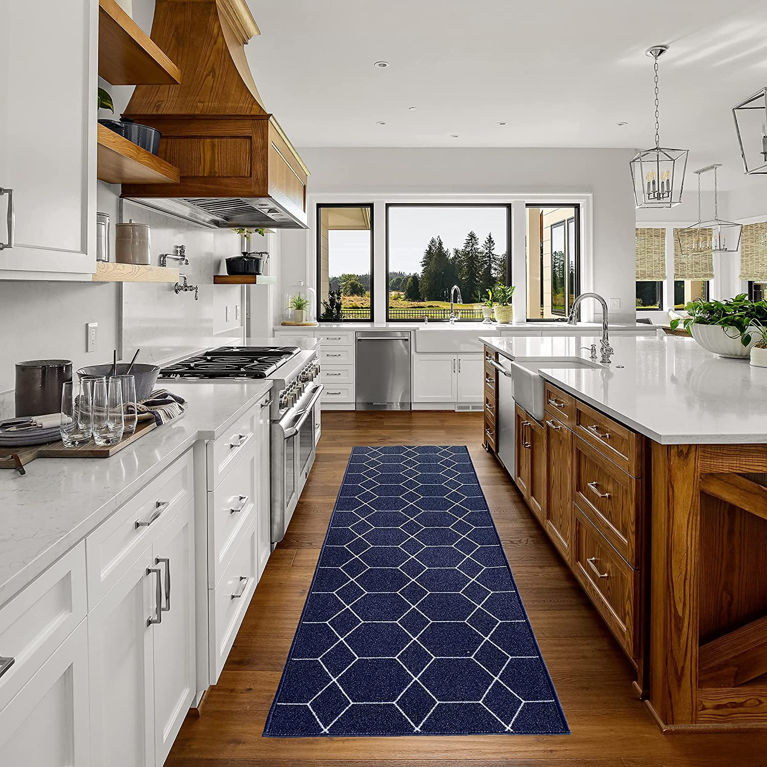 Custom Size Runner Rug Hexagon Trellis Design Navy Color 26 or 31 inch Wide Pick Your Length Non-Slip Rubber Backing Stair Runner