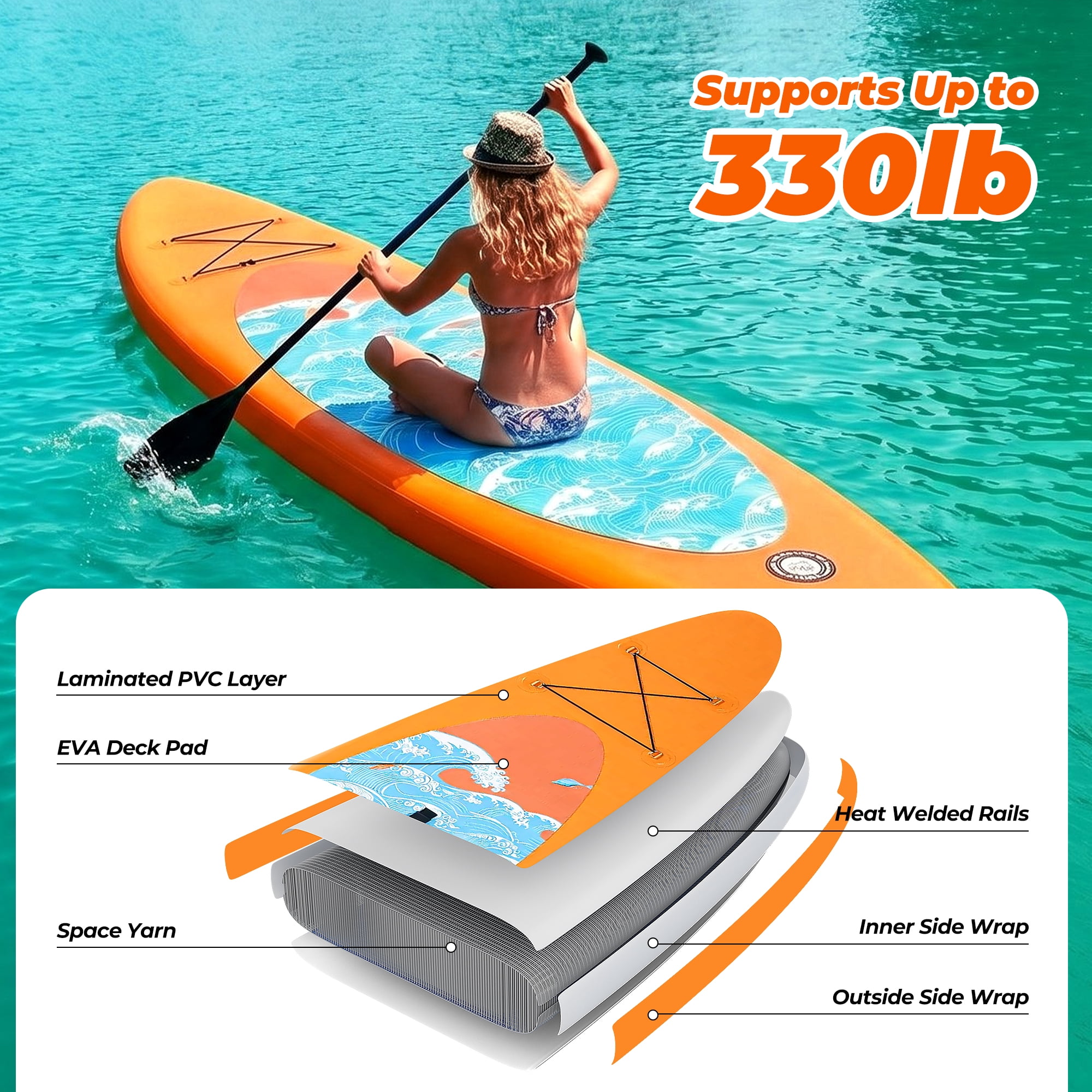 Naipo Inflatable Paddle Board 10ft Surf Orange Stand Up Paddle Board Full SUP Accessories 6in Thick 330 lbs Capacity for All Skill Levels
