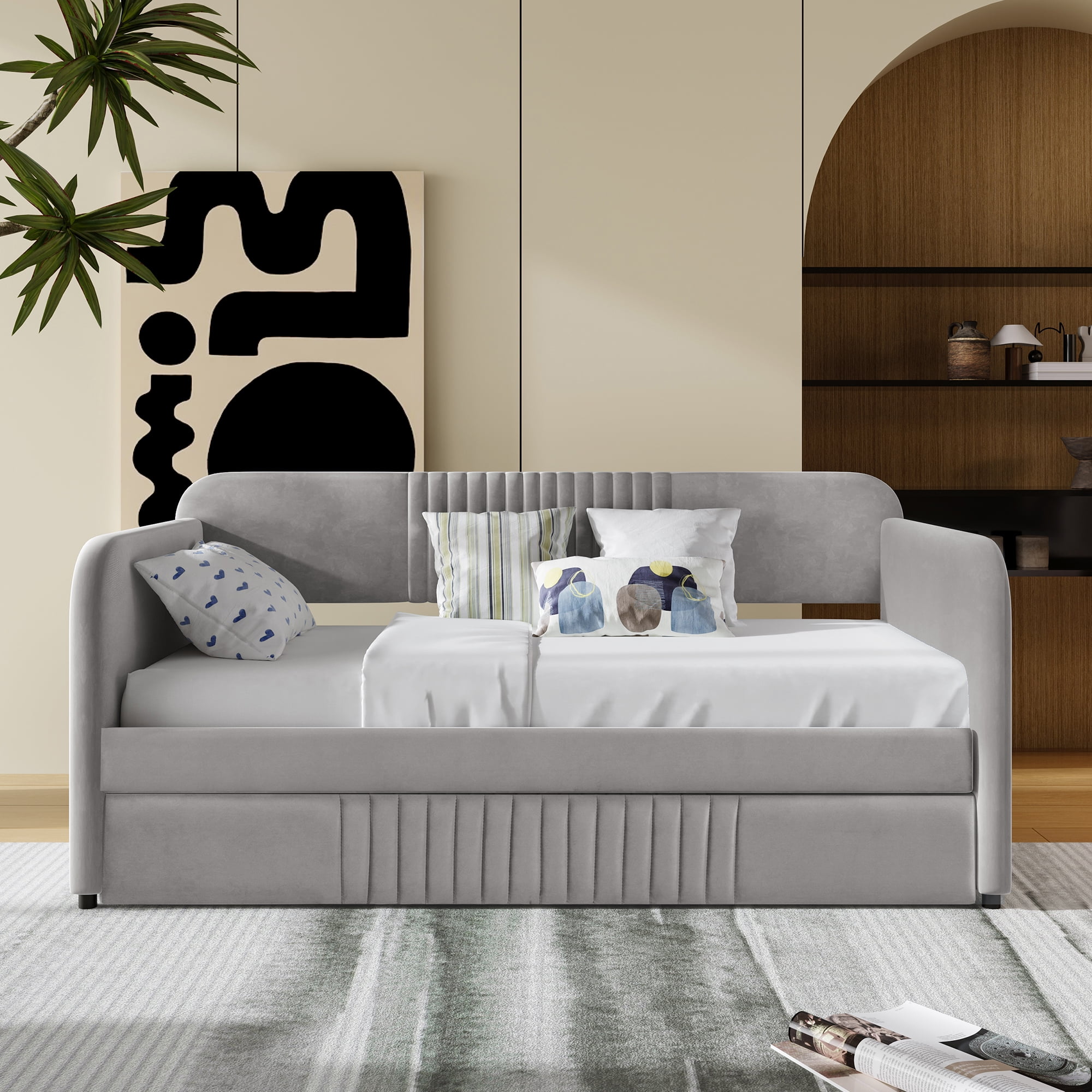 Sailvan Upholstered Daybed Sofa Bed Twin Size With Trundle Bed and Wood Slat