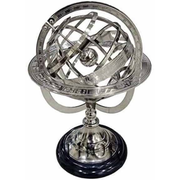 Thor Instruments Armillary Nautical Sphere 8 in Silver Nautical Tabletop Geographic Globes, Engraved Brass with Base