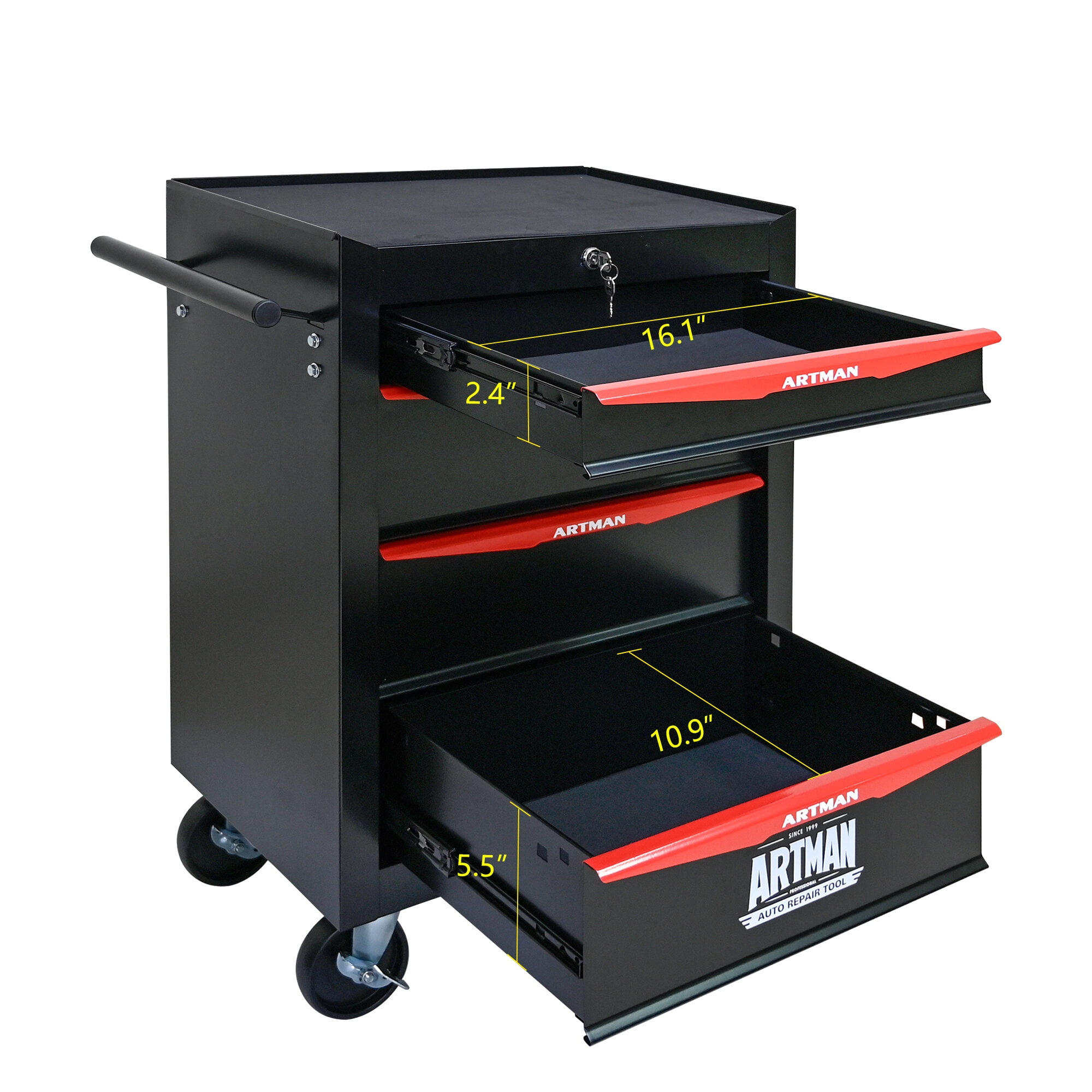 20" Rolling Tool Chest with 4 Drawers - Black & Red Steel Tool Cabinet with Ball Bearing Slides & Locking Wheels